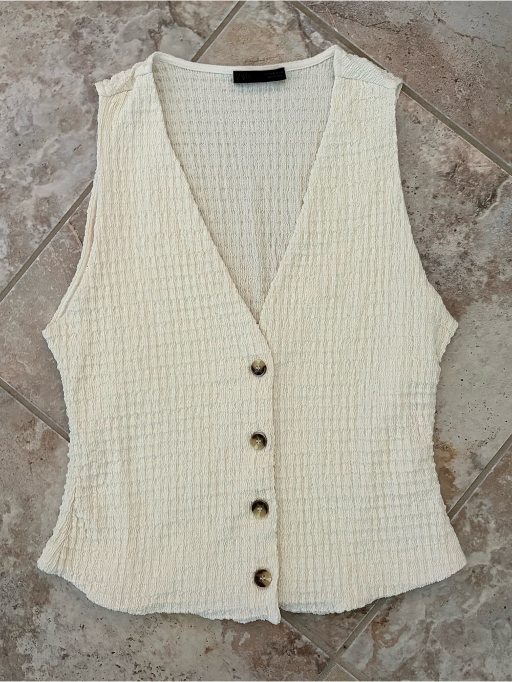 Zara Cream Structured Textured Vest Medium V Neck Top Button Up Boho Chic